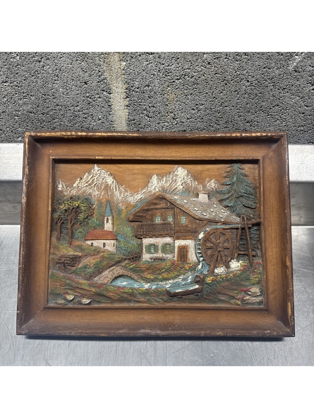 Antique Black Forest Painted Wood Carved Cottage Sculptural Panel 12X9”